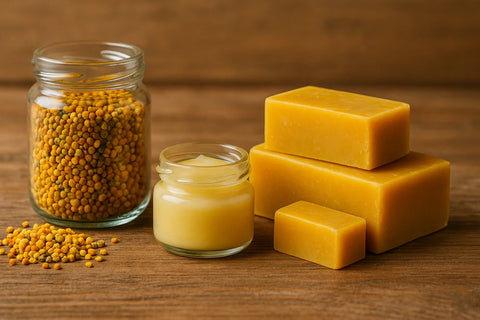 Glas mit Bienenpollen, Gelée Royale und gestapelten Bienenwachsblöcken auf einem Holztisch – natürliche Bienenprodukte im Überblick