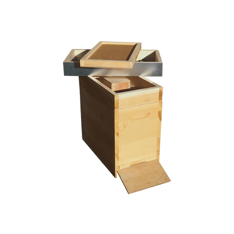 Ablegerkasten Dadant Blatt aus Holz mit Flugbrett und Deckel, geöffnete Ansicht zur Bildung von Ablegern und zum Aufbau junger Bienenvölker