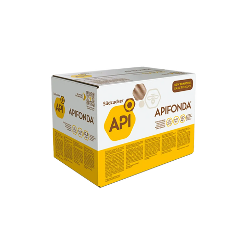 ein weiß-gelbe Kartonverpackung Apifonda Futterteig von Südzucker, Bienenfutter in Portionspackungen zur Not- und Ergänzungsfütterung von Bienenvölkern, 2,5 kg