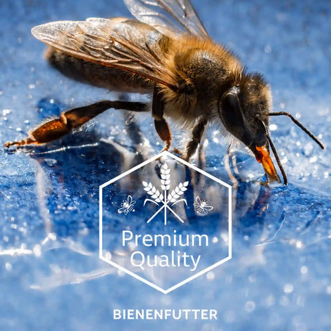 Biene saugt loses flüssiges Bienenfutter mit ihrem Rüssel von einer blau glänzenden Oberfläche, Logo Premiumqualität.