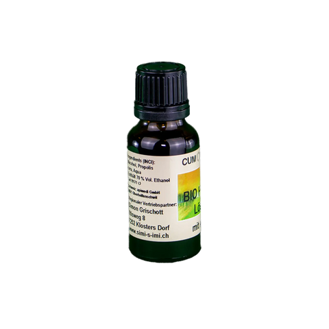 Rückseite einer Bio Propolis Lösung mit Alkohol, Inhaltsstoffe und Produktinformationen auf Etikett einer Braunglas Tropfflasche