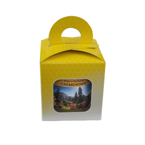 Geschenkbox mit 250g Simi-s-Imihung Cremehonig – Schweizer Berghonig in dekorativer Verpackung