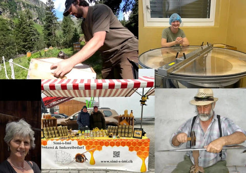 Das Imkerteam der Imkerei SIMI-S-IMI aus Klosters bei der Arbeit und im Verkauf,  Eindrücke aus Imkerei, Honigverarbeitung, Marktstand und handwerklicher Tätigkeit.