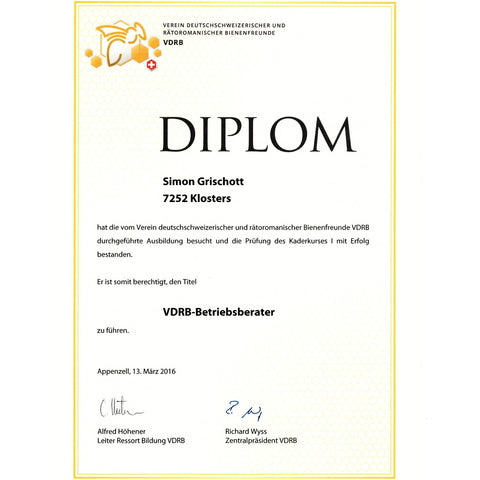 Bienen Schweiz Diplom zur Ausbildung als VDRB-Betriebsberater für Simon Grischott, ausgestellt vom Verein deutschschweizerischer und rätoromanischer Bienenfreunde in Appenzell, 2016