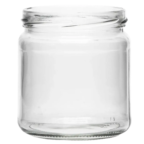 Leeres Honigglas (transparent) mit 500 g Füllgewicht bzw. 418 ml Volumen, freigestellt dargestellt