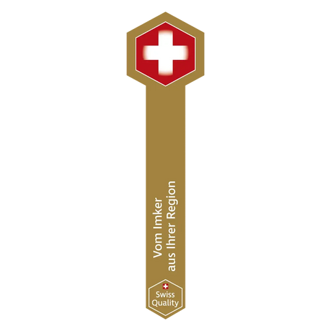 Detailansicht eines goldenen Erstöffnungsschutzes für Honiggläser mit Schweizer Kreuz, Herkunftssiegel für regionalen Schweizer Honig vom Imker in Form eines langen Sechseckes mit rotweissem Schweizerkreuz und weissem Text