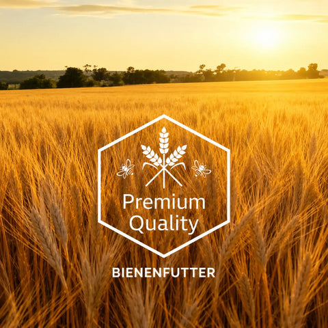 Goldenes Getreidefeld im warmen Sonnenlicht mit Qualitätssiegel und Bezeichnung Bienenfutter, idealer hochwertiger Futtersirup