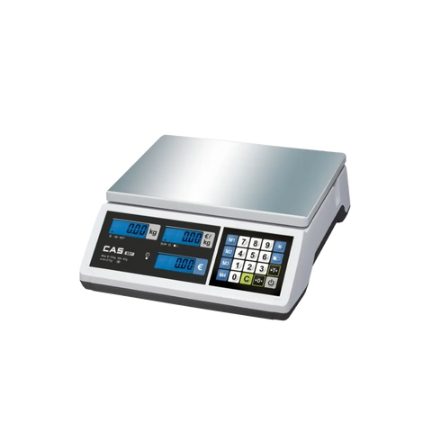 eine elektronische Waage mit blauer Anzeige Digitale geeichte Handelswaage mit Edelstahl-Wiegefläche, Display für Gewicht, Preis pro Kilogramm und Gesamtpreis sowie Tastenfeld