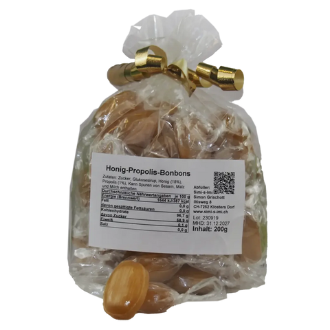 Beutel Honig-Propolis-Bonbons mit Etikett und goldener Schleife, Inhalt 200g