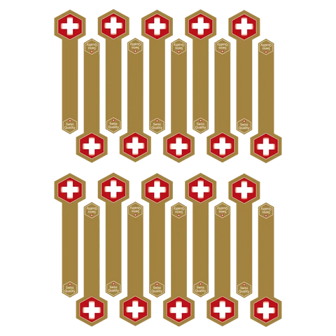 zwanzig goldene Honigsiegel in Form eines langen Sechseckes mit rotweissem Schweizerkreuz