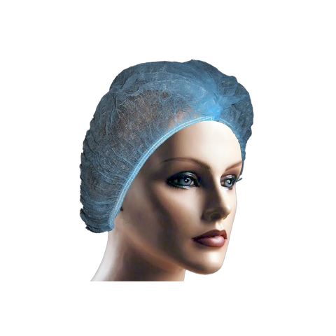 ein Mannequinkopf mit Blauem Hygiene-Haarnetz aus feinem elastischem Netzmaterial, getragen auf dem Kopf zur vollständigen Abdeckung der Haare bei hygienischen Arbeitsbereichen