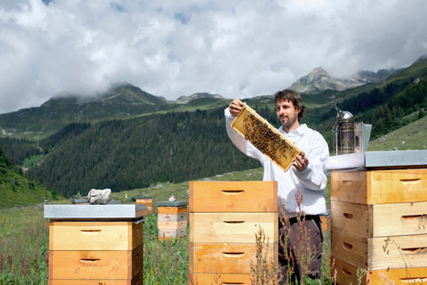 Imker Simon bei der Kontrolle der Bienenvölker mitten in einer Schweizer Bergwiese. Er hält Honigwabe mit Bienen in seinen Händen