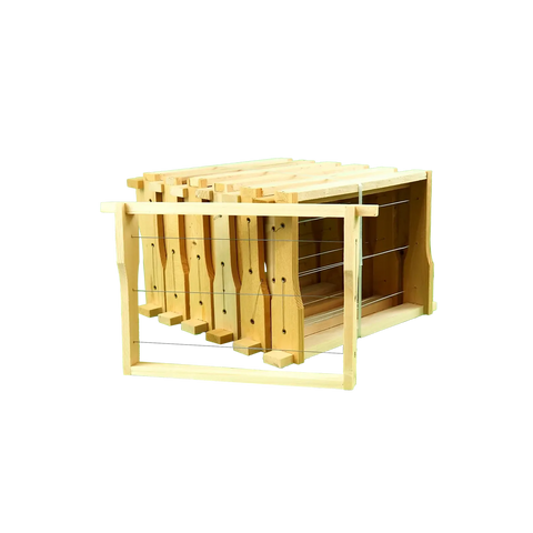 ein Bund MiniPlus-Rähmchen aus Holz mit Drahtung, gebündelt im Halterahmen zur Verwendung in Begattungseinheiten und der Königinnenzucht