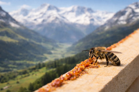 Honigbiene auf Holz-Schied mit frischem Propolis vor Alpenlandschaft – Grundlage für hochwertige Propolis Tinktur und Propolis Tinktur-Lösung