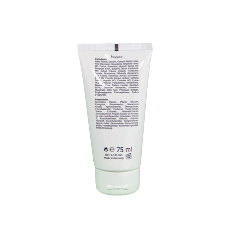 eine weisse Tube mit schwarzem Text Rückseite der Propolis Handcreme mit Inhaltsstoffen, pflegender Naturkosmetik mit Bienenwachs, Honig- und Propolis-Extrakt in 75-ml-Tube