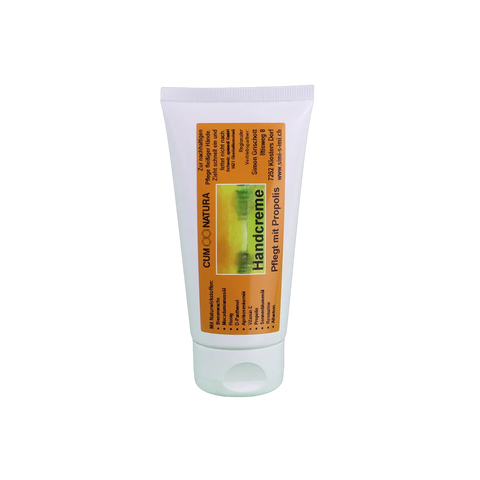 eine weiße Tube mit orangefarbenem Etikett und schwarzer Aufschrifft. Propolis Handcreme mit natürlicher Bienenpropolis  pflegende Handcreme für beanspruchte Hände