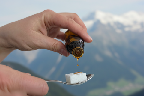 zwei Propolis-tropfen aus brauner Glasflasche fallen auf einen weissen zuckerwuerfel auf einem loeffel anwendung von fluessigem Propolis SIMI-S-IMI