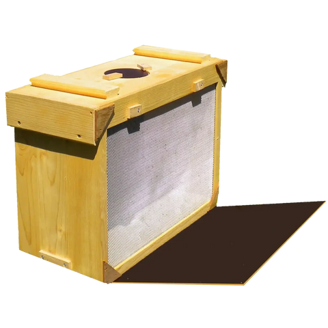 Stabile Schwarmfangkiste aus Holz für Bienen mit seitlichen Metall-Lüftungsgittern und runder Einlassöffnung im Holzdeckel.
