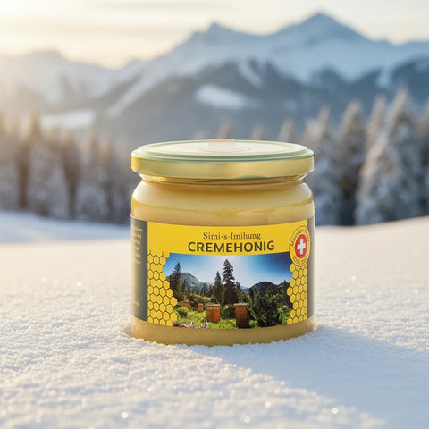 Ein Honigglas mit „Cremehoning“ und einem gelben Etikett mit Berglandschaft, Bienbeuten, Wabenmuster und einem Schweizer Qualitätssiegel, das 100 % Schweizer Berghonig anzeigt.