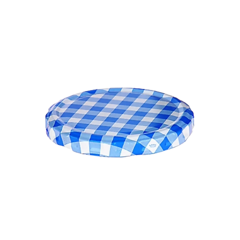 Blau-weiss karierter Twist-Off-Deckel aus Metall mit flachem Profil, Schraubverschluss für Gläser mit 82-mm-Öffnung