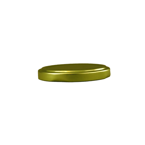 Goldfarbener Twist-Off-Deckel aus Metall in seitlicher Ansicht mit leicht gewölbtem Rand, Schraubverschluss für Gläser mit 63 mm Öffnung