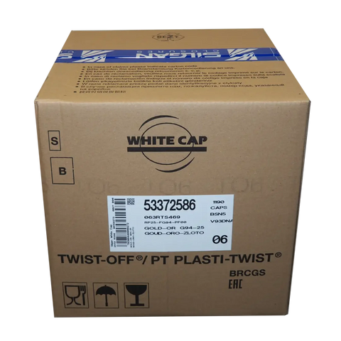 Frontansicht einer Karton-Großpackung für Twist-Off-Deckel 63 mm mit Etikett und Aufdruck
